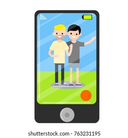 cartoon flat illustration - camera the camera in mobile phone. Two friends - blond beard guy and man in grey cloth stay on blue-green background.