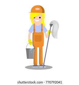 cartoon flat illustration - Cleaner in hat. Specialist in an orange jumpsuit with a MOP and bucket of water.