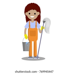 cartoon flat illustration - Cleaner. Specialist in an orange jumpsuit with a MOP and bucket of water.
