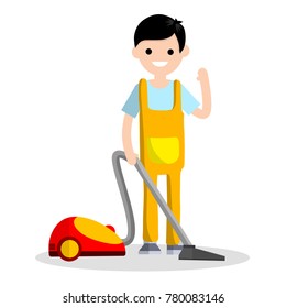 Cartoon flat illustration - cleaning from dust. Home vacuum cleaner. Household home appliances. A young man works at home, do cleaning in the jumpsuit