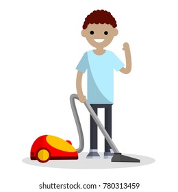 Cartoon flat illustration - cleaning from dust. Home vacuum cleaner. Home appliances. The young man engaged in domestic cleaning.
