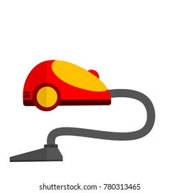 Cartoon flat illustration - cleaning from dust. Home red yellow vacuum cleaner. Home appliances.
