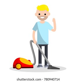 Cartoon flat illustration - cleaning from dust. Home vacuum cleaner. Home appliances. The young man engaged in domestic cleaning.
