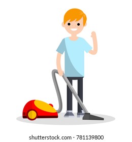 Cartoon flat illustration - cleaning from dust. Home vacuum cleaner. Home appliances. The young man engaged in domestic cleaning.
