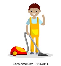 Cartoon flat illustration - cleaning from dust. Home vacuum cleaner. Household home appliances. A young man works at home, do cleaning in the jumpsuit