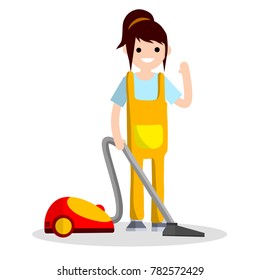 Cartoon flat illustration - cleaning from dust. Home vacuum cleaner. Household home appliances. A young girl works at home, do cleaning in the jumpsuit