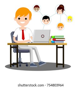 cartoon flat illustration - communication in social networks. the man in the white shirt and red tie sitting on chair at Desk with computer and book in office
