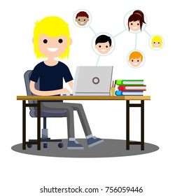 cartoon flat illustration - communication in social networks. Blond Guy in dark clothes sits on a chair at the table with a book and a computer
