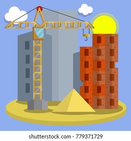 cartoon flat illustration - construction of a multistory building. Urban cityscape. A prefabricated house. Crane,sand building materials