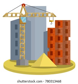 cartoon flat illustration - construction of a multistory building. Urban cityscape. A prefabricated house. Crane,sand building materials