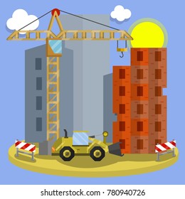 cartoon flat illustration - construction of a multistory building. Urban cityscape. A prefabricated house. Crane, safety barrier, bulldozer machinery