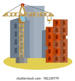 cartoon flat illustration - construction of a multistory building. Urban cityscape. A prefabricated house. Crane