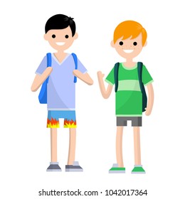 Cartoon flat illustration - a conversation between two friends. guy in shorts with a backpack. a young male student communicates with another. summer men clothing.
