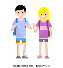 Cartoon flat illustration - a conversation between two friends. guy in shorts with a backpack. a young male student communicates with another. summer men's clothing.
