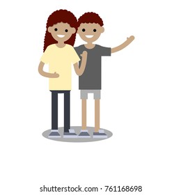 cartoon flat illustration - a couple of young African Americans family lovers boyfriend and girlfriend in yellow and grey cloth.
