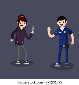 Cartoon flat illustration - the criminal situation. Crime on the streets. The detention of the criminal police. Cold steel. The aggressive girl and the officer. Violators of the law. A man in uniform
