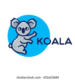 Cartoon flat illustration cute koala bear isolated on white background and blue circle lettering / vector eps 10