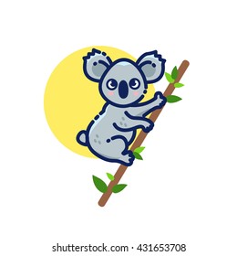 Cartoon flat illustration cute koala bear hanging on eucalyptus branch with leaves isolated on white background and yellow circle / vector eps 10