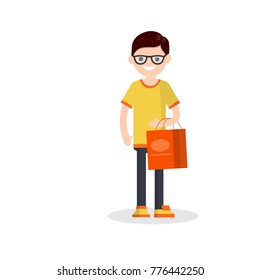Cartoon flat illustration - Cute young guy with red shopping bags in orange cloth.