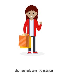 Cartoon flat illustration - Cute young Girl with shopping bags in red cloth.