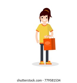 Cartoon flat illustration - Cute young Girl with shopping bags in red cloth.