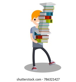 cartoon flat illustration - cute young guy student carries a bunch of books and textbooks that falls. A comic situation. The difficulties of learning. Maintaining equilibrium.