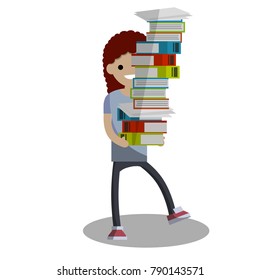 cartoon flat illustration - cute young girl student carries a bunch of books and textbooks that falls. A comic situation. The difficulties of learning. Maintaining equilibrium.
