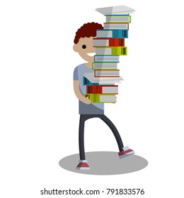 cartoon flat illustration - cute young guy student carries a bunch of books and textbooks that falls. A comic situation. The difficulties of learning. Maintaining equilibrium.