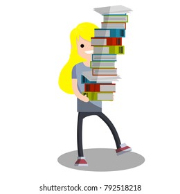 cartoon flat illustration - cute young blond girl student carries a bunch of books and textbooks that falls. A comic situation. The difficulties of learning. Maintaining equilibrium.