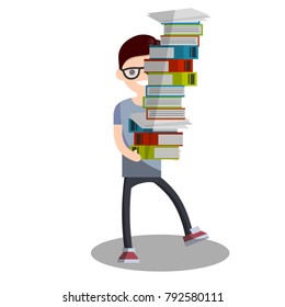 cartoon flat illustration - cute young guy student carries a bunch of books and textbooks that falls. A comic nerd situation. The difficulties of learning. Maintaining equilibrium.