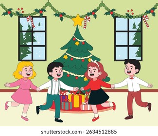Cartoon flat illustration of diverse children joyfully dancing around a Christmas tree with gifts. Fun festive scene for holiday, family, childhood, or seasonal celebration concepts.