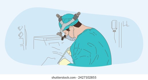 Cartoon flache Abbildung: Ein Arzt führt eine Operation durch. Ein Arzt kämpft um das Leben eines Menschen. Chirurg, Krankenhaus, einem Menschen helfen.
 Vektorbild für Druck, Plakate, Werbung. Hintergrund. EPS10
