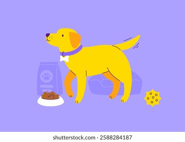 Cartoon flat illustration with dog and food bowl. Cute labrador with grooming accessories.