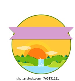 cartoon flat illustration - evening or morning summer nature landscape, green meadow, plants, waterfall, pond. Clear blue sky with ribbon in circle