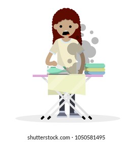 cartoon flat illustration - the fire in the house. girl with a burning iron. the problem with household appliances. smoke from folded linen. home care. failure to comply with security.
