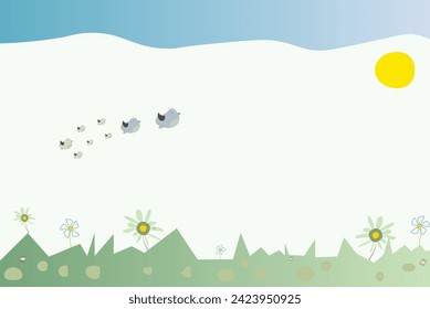 Cartoon flat illustration of funny birds in the field with a sun and flowers in the background.