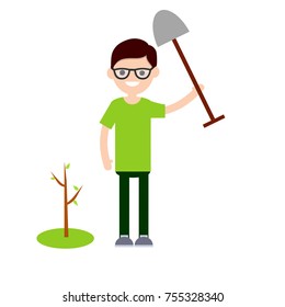 cartoon flat illustration - the gardener guy with glasses  in green clothes standing with a shovel near small plant of wood