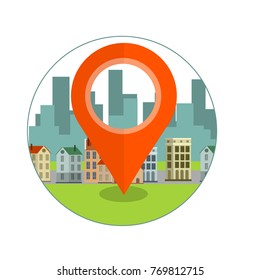 cartoon flat illustration - Geolocation with the red point route. The city's skyline. Urban view. High-rise buildings in the background. Cityscape.