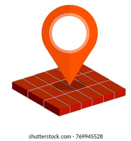 cartoon flat illustration - Geolocation with the red point route. The red area of the brick platform.