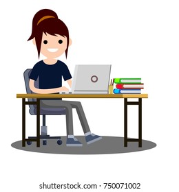 cartoon flat illustration - the girl in dark clothes sitting on a chair studying for a laptop on the table