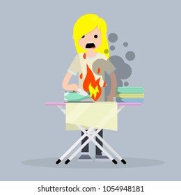 Cartoon flat illustration - girl in horror shouts. fire with smoke in the apartment house when Ironing. careless handling of fire and safety. a woman in distress.
