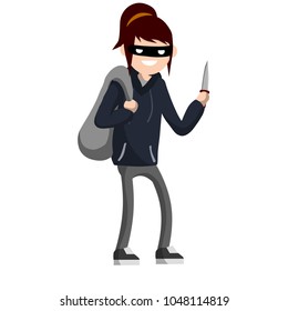 Cartoon flat illustration - the girl with the knife. a dangerous woman in a sweatshirt in a threatening pose. the evil girl is a bully in a mask. female felony. robber thief with a bag stolen 