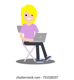 Cartoon flat illustration - the girl in the purple clothes sitting on chair with laptop

