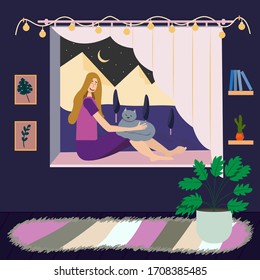 Cartoon flat illustration girl sitting on window. Happy woman, cat sit on window, view mountain night landscape. Nature, trees, moon. Room plants, books, paintings, carpet. Concept cozy home comfort