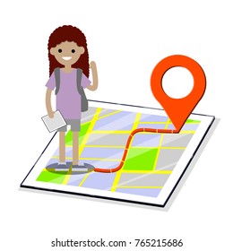cartoon flat illustration - girl tourist with a backpack on a city map with the red route point in purple clothes