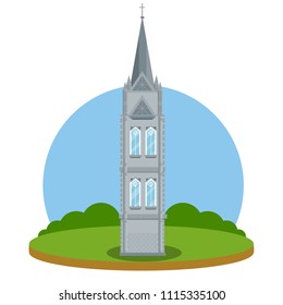 Cartoon flat illustration - Gothic Cathedral with a tower and crosses. mosaic stained glass Windows in the house for religious prayer. Western European building. element of the old town and attraction