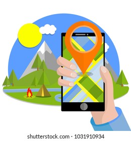 cartoon flat illustration - green meadows and hills, blue lake pond. mountain landscape. a place for tourist rest. outdoor recreation.mobile app gps. tent camp with campfire
