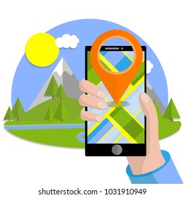 cartoon flat illustration - green meadows and hills, blue lake pond. mountain landscape. a place for tourist rest. outdoor recreation.mobile app gps. 