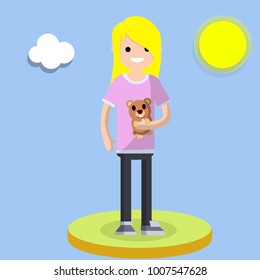 cartoon flat illustration - Groundhog day. the man holds the cute animal in his hands. girl playing with a furry beast. green lawn, blue sky, sun and clouds in the spring.
