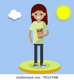 cartoon flat illustration - Groundhog day. the man holds the cute animal in his hands. girl playing with a furry beast. green lawn, blue sky, sun and clouds in the spring.

